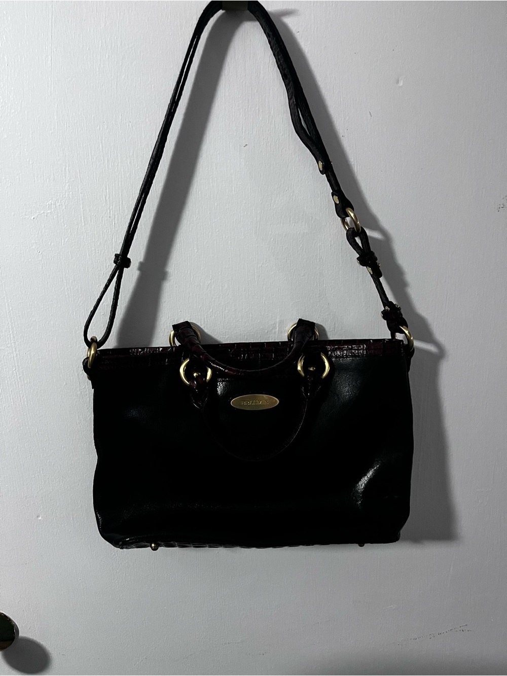 Brahmin Black Leather Shoulder Bag with Gold Hardware
